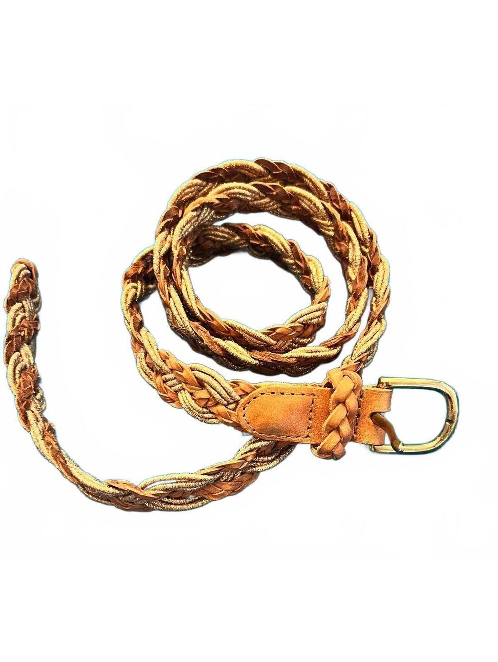 Vintage Braided Leather and Fabric Belt with Gold Buckle